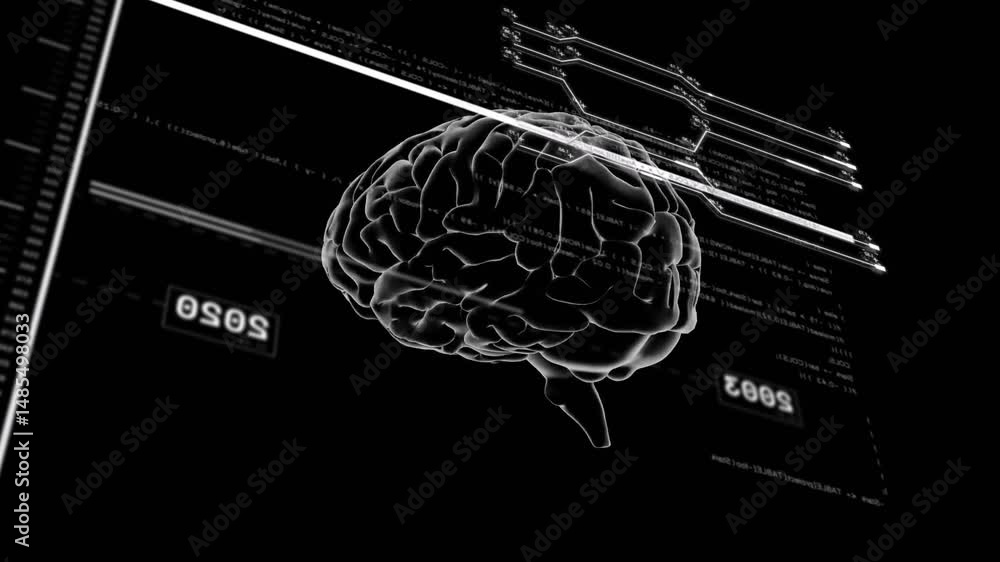 Poster monochrome 3d brain model floating in black void, showing circuit lines, code, translucent band