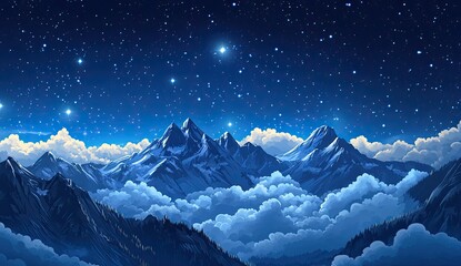 Starry night mountain panorama.  Vast, majestic mountain range rises above clouds, bathed in the glow of a star-studded night sky.  Misty clouds envelop the peaks
