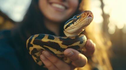 Fototapeta premium Young woman holds a pet snake while smiling outdoors, showcasing exotic animals, nature interaction, and the bond between humans and reptiles.