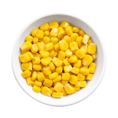 Canned corn, vegetable maize, whole sweet corn kernels in a white bowl. Variety of corn that is picked when in its milk state. Fully cooked kernels, preserved and ready to eat. Isolated, from above.