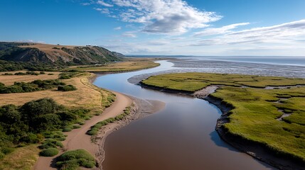 shallow tidal area revealing seagrass and muddy channels