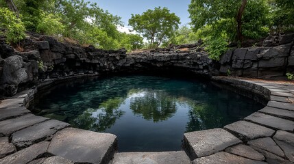 volcanic terrain enclosing a quiet clear lagoon