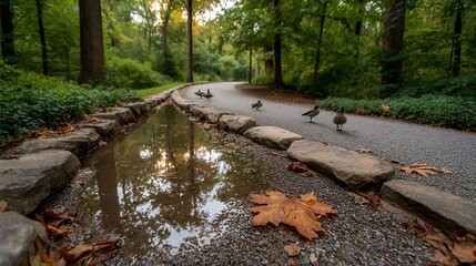 autumn leaves floating in calm water along forest path