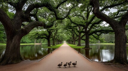 peaceful forest trail partially submerged with floating leaves