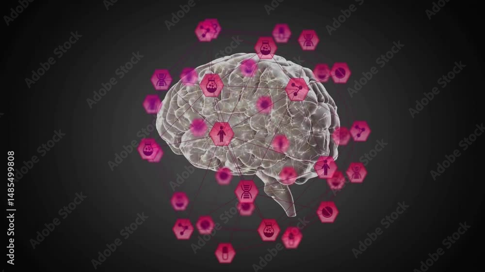 Poster translucent 3d render brain model floating and connecting pink science icons in dark gradient space