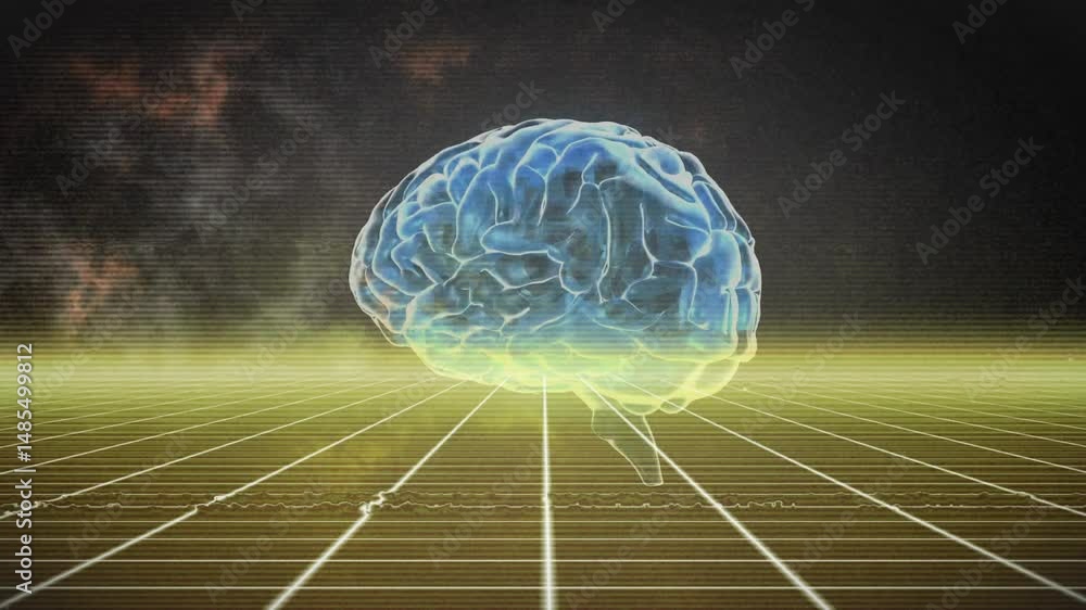 Poster 3d-rendered glowing brain hologram floating above neon grid displaying digital waveforms, glitches