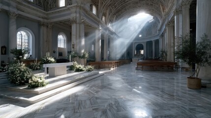 Sunlight streaming into majestic cathedral interior with marble floors and flower arrangements