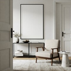 Frame mockup, ISO A paper size. Living room wall poster mockup. Interior mockup with house background. Modern interior design. 3D render 