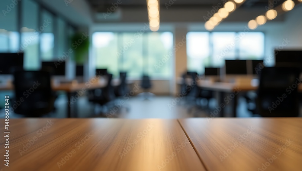 Poster modern office desk with blurred background illustrating an open workspace environment