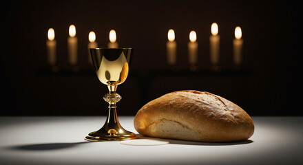 Golden Chalice, Loaf of Bread, and Hosts Arranged on a White Cloth with Lit Candles, Representing the Christian Eucharist