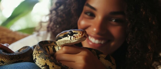 Fototapeta premium Woman smiling with pet snake indoors in cozy living space, enjoying companionship, exotic animals, pet care, and indoor lifestyle happiness.