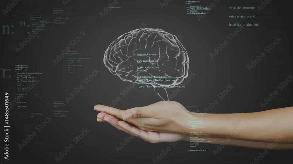 Poster floating translucent 3d brain resting on hands, projecting c++ code across dark grey backdrop