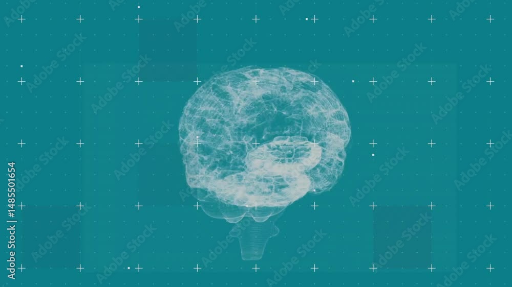 Poster translucent 3d wireframe brain model floating in teal grid display, showing scientific interface