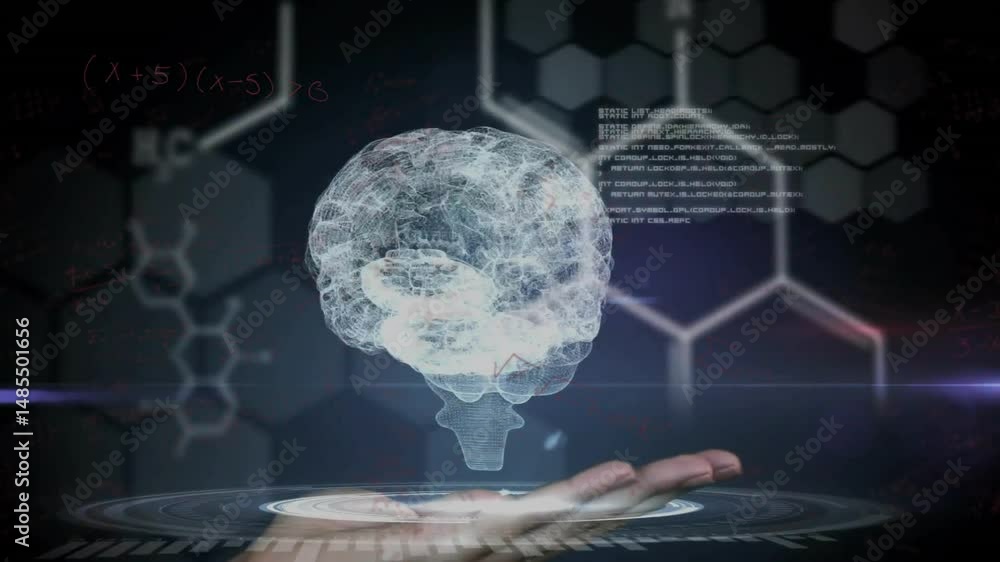 Poster wireframe brain hologram floating above hand, projecting glowing hexagon grid, code and equations