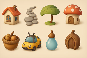 Fototapeta premium Nature & home 3d icon set - whimsical, household & outdoor elements