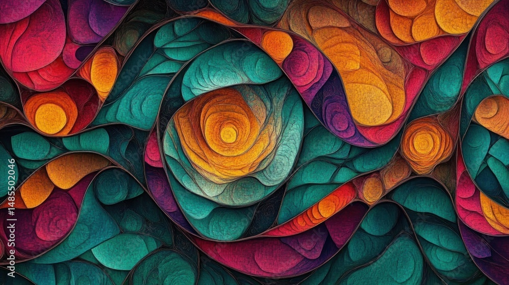 Aufkleber abstract colorful swirling shapes layered with textured patterns in vibrant shades of teal, orange, 