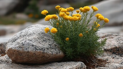 scattered wildflowers blooming on rocky tundra ground