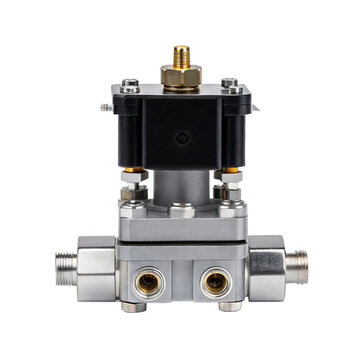 Close up studio shot showcases a pneumatic solenoid valve against a transparent background, highlighting its intricate details and metallic components