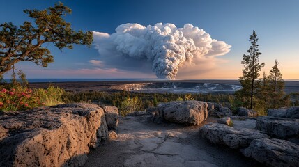 fumarole venting steam into sky from mountain ridge