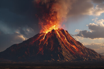 Volcanic eruption with flowing lava erupting from summit and ash cloud rising into sky du daytime, dramatic natural disaster and geological activity scene