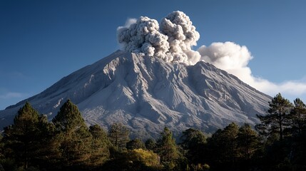 smoky volcanic peak towering over green island vegetation