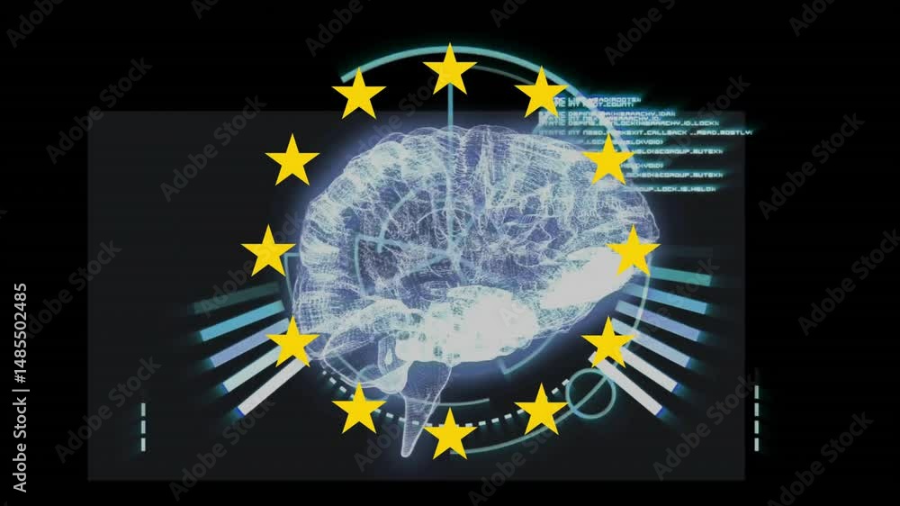 Poster glowing wireframe brain model floating at center showing hud ring scrolling code and gold stars