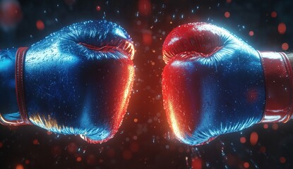 Two boxing gloves, blue and red, clashing in a dramatic confrontation
