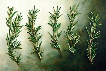 Five sprigs of fresh rosemary laid out on a textured surface with natural lighting highlighting their green needle-like leaves