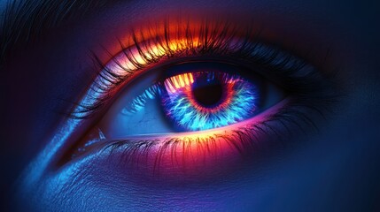 Obraz premium Close-up glowing woman's eye, vibrant colors, artistic