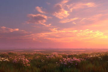 Beautiful vibrant sunset over expansive pink flower field with lush green grass and distant city skyline under partly cloudy sky du evening