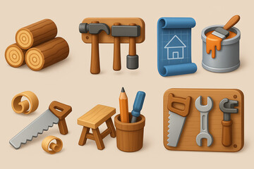Construction solid icon set - tools, building, and blueprint graphics in 3d style