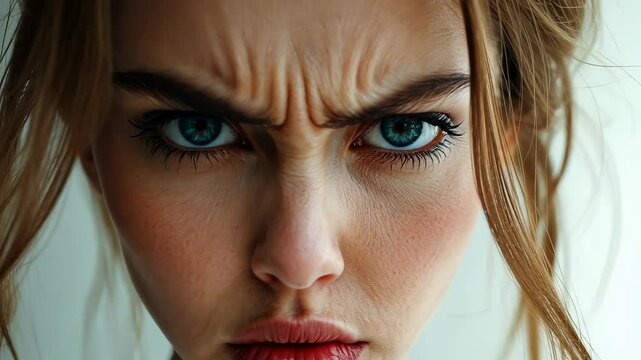 Frustrated young woman standing with neutral arms crossed emotion, displaying stern expression against soft anger background