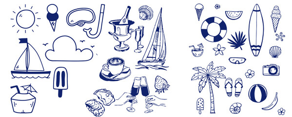 Hand drawn summer illustration set. Italian dolce vita. Minimalist line art. Palm tree, lemon, cocktails sun and sea, seashells in doodle sketch style. Drawing ink. Concept vacation ocean and travel
