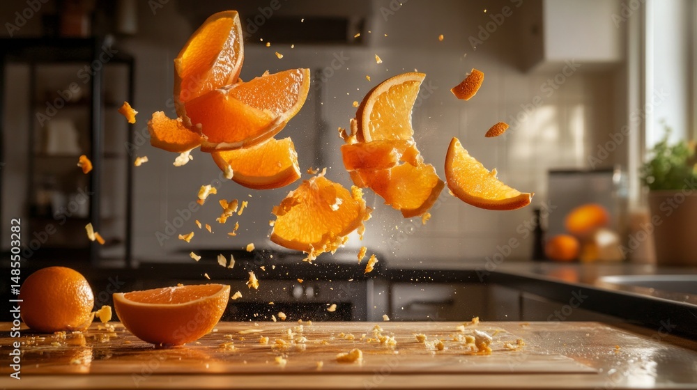 Poster a close up of a table with a few oranges on it