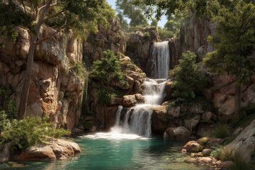 Fototapeta premium Scenic landscape featu a cascading waterfall flowing over rocky cliffs into a turquoise pool surrounded by lush green trees and vibrant natural scenery