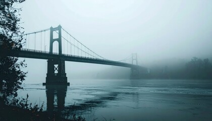 Obraz premium Suspended Bridge in Mystical Fog: A majestic bridge gracefully spans a tranquil river, enveloped by an ethereal fog, evoking a sense of mystery and serenity.