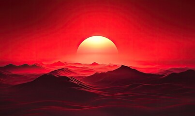 Fiery sunset over a crimson landscape.  A blazing sun sits atop a dramatic, red-toned mountain range