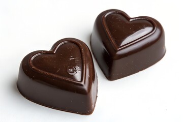Two heart-shaped chocolates on white background