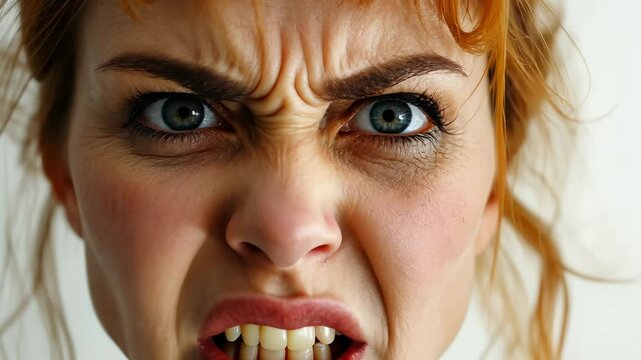 Portrait Frustrated young woman standing with crossed stern anger emotion rage, displaying arms expression against soft white background