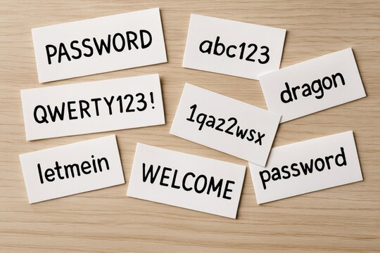 Common weak passwords displayed visually.