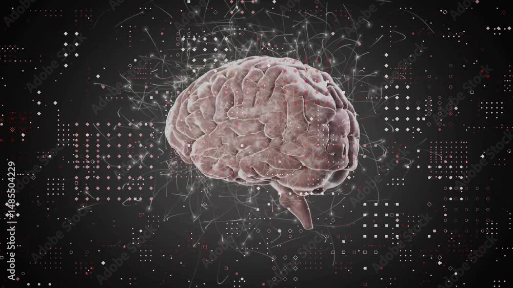Aufkleber 3d brain being visualized in dark digital space, surrounded by glowing red and white data particles