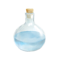 Transparent glass flask with stopper Watercolor illustration. Round bottle with blue liquid, isolated on white background. For perfumes, liquids, aromatherapy, beverages, alchemy, magic and laboratory