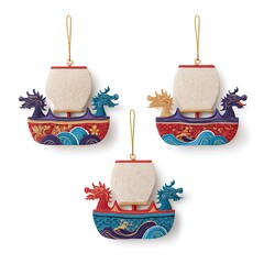 Three ornate dragon boat ornaments, hanging decorations with gold string.