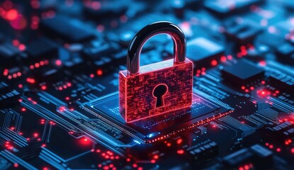 Cybersecurity lock on circuit board.  Protecting digital data
