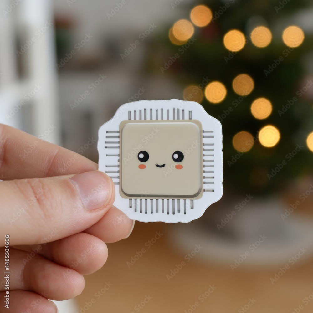 Poster cute smiling microchip sticker held by hand with a blurred christmas tree backdrop creating a cheerf