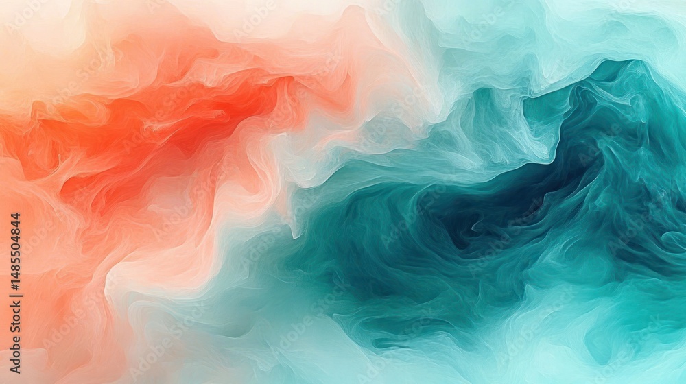Aufkleber abstract swirling patterns blending warm coral red and cool teal blue colors creating a soft, flowin