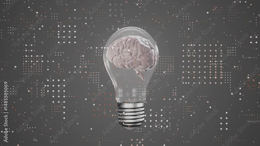 Poster transparent glass lightbulb floating, featuring realistic brain model and geometric data grid