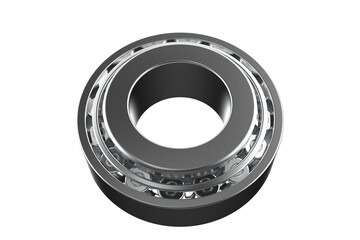 Tapered Roller Bearings, Industrial Ball Bearing Designed for Axial and Radial Loads, Close-up of a Shiny Steel Angular Contact Bearing, High-precision taper bearing on a PNG Transparent Background