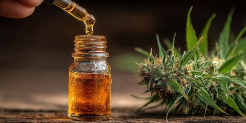 Hand Holding Dropper Dispensing CBD Oil into Brown Bottle for Wellness