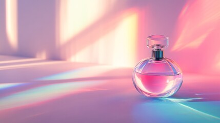 A bottle of perfume is sitting on a table